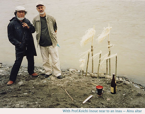 With Prof.Koichi Inoue near to an inau — Ainu altar